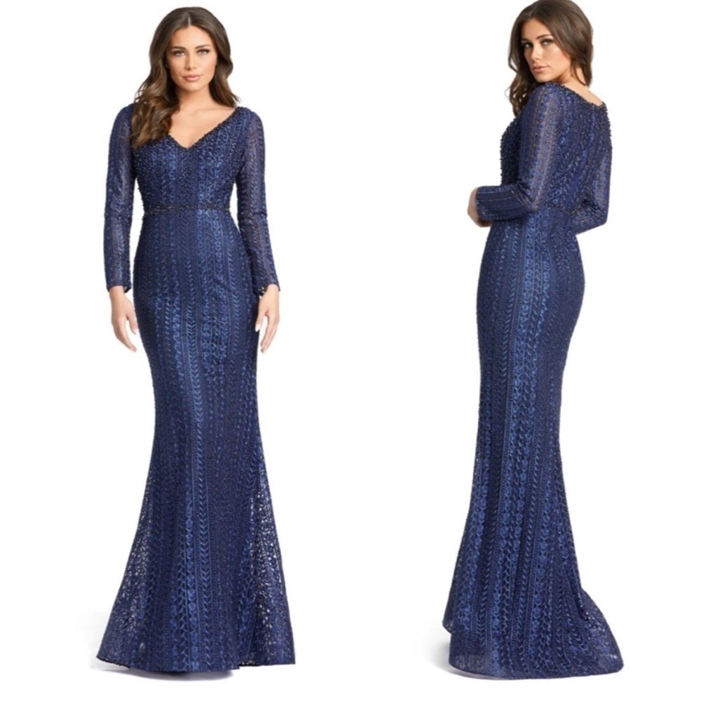 Mac Duggal Embroidered Long Sleeve V Neck Trumpet Gown